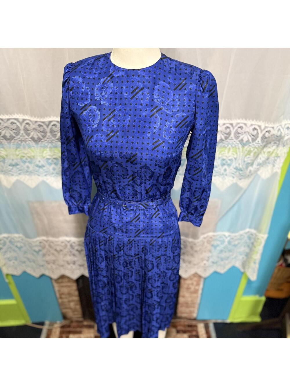 Vintage 70s Maggy London by Jeannene Booher Satin Blue Pleated Midi Dress sz 2